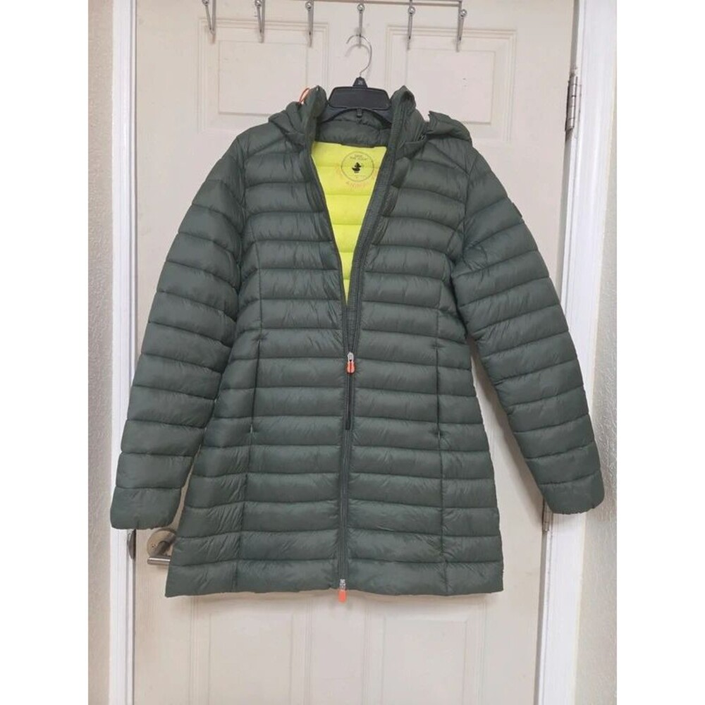 Save The Duck Women's Puffer Jacket Dark Green/Neon - Size 4 / L